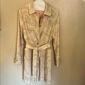 Elie Tahari Floral Trench Coat with Classic Collar M Linen/Cotton Blend